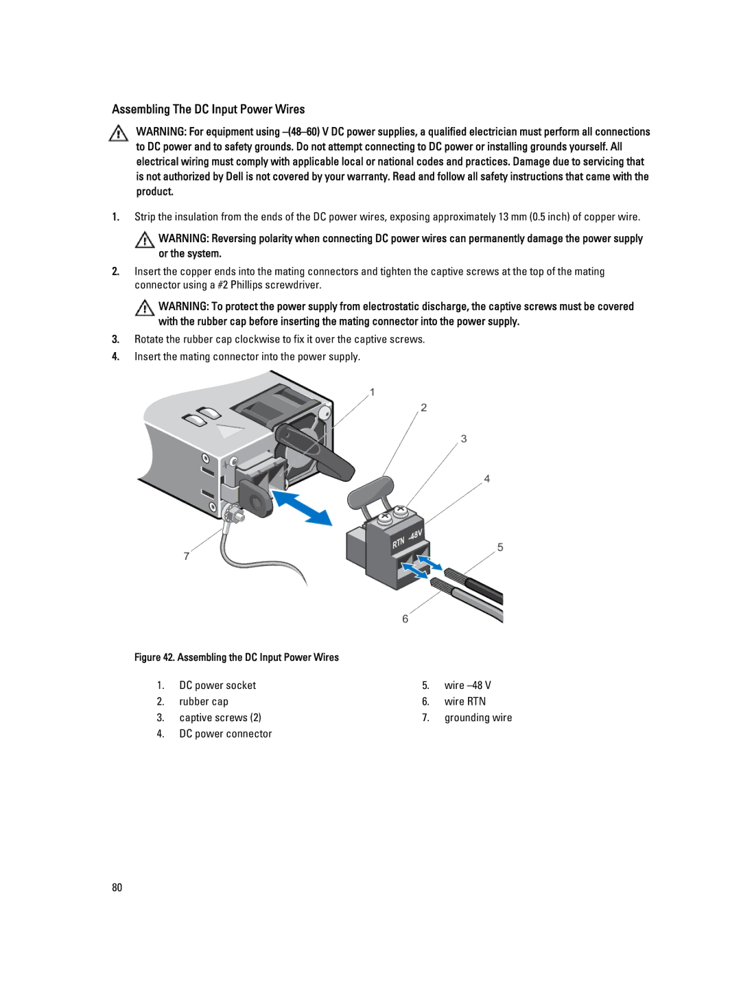 Dell E19S, R520 owner manual DC power socket Wire -48 Rubber cap Wire RTN Captive screws, DC power connector 