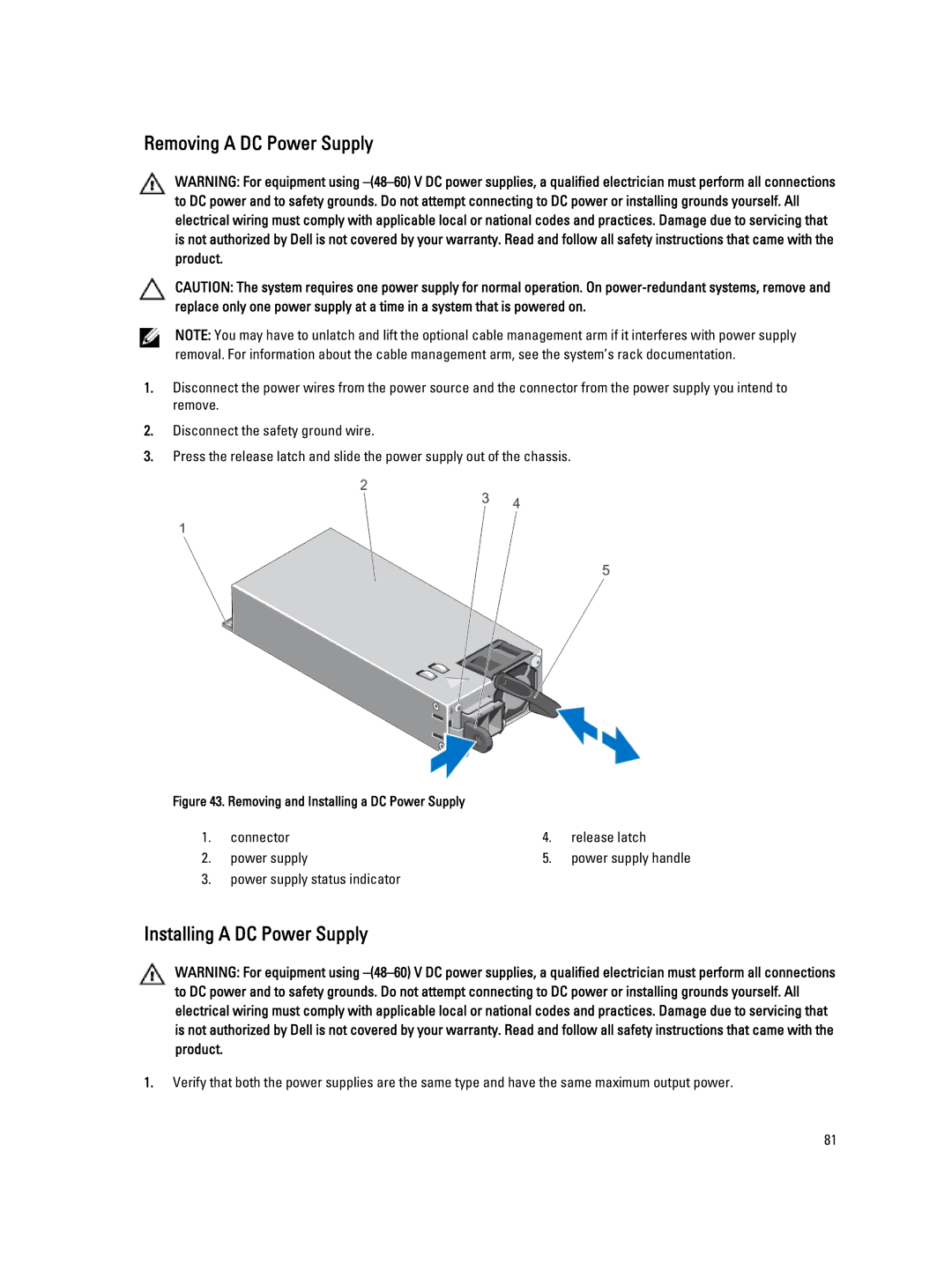 Dell R520, E19S owner manual Removing a DC Power Supply, Installing a DC Power Supply, Connector Release latch Power supply 