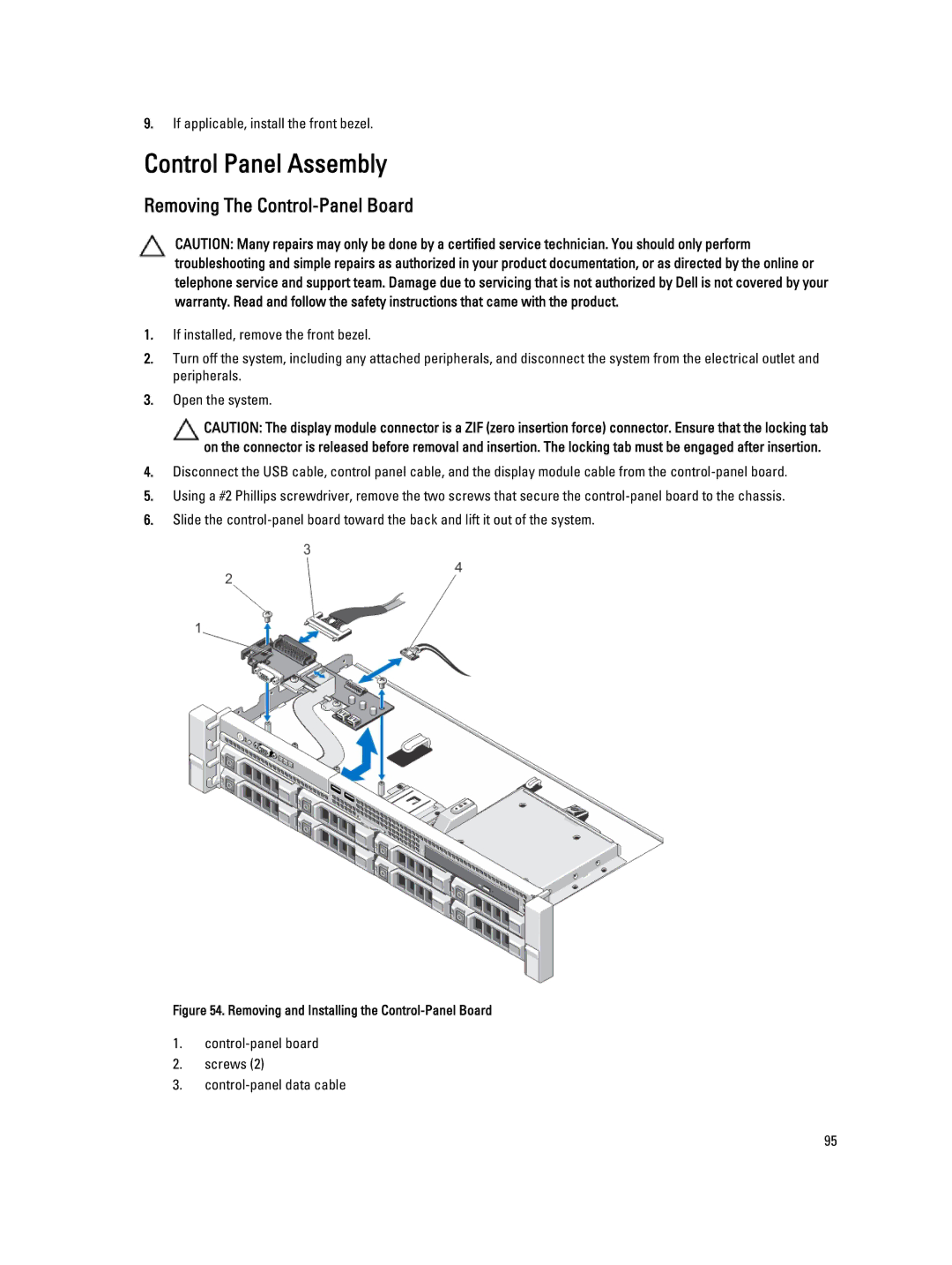 Dell R520 Control Panel Assembly, Removing The Control-Panel Board, Control-panel board Screws Control-panel data cable 