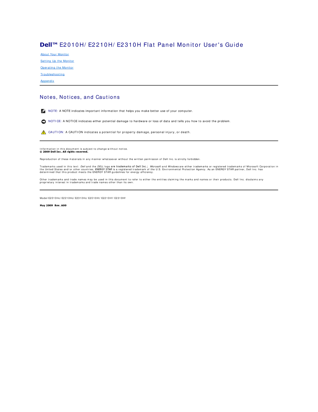 Dell appendix Dell E2010H/E2210H/E2310H Flat Panel Monitor Users Guide 