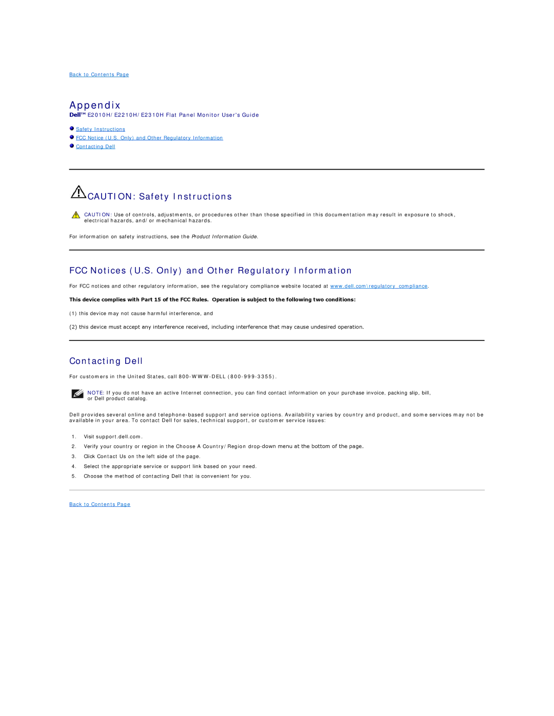 Dell E2010H appendix Appendix, FCC Notices U.S. Only and Other Regulatory Information, Contacting Dell 