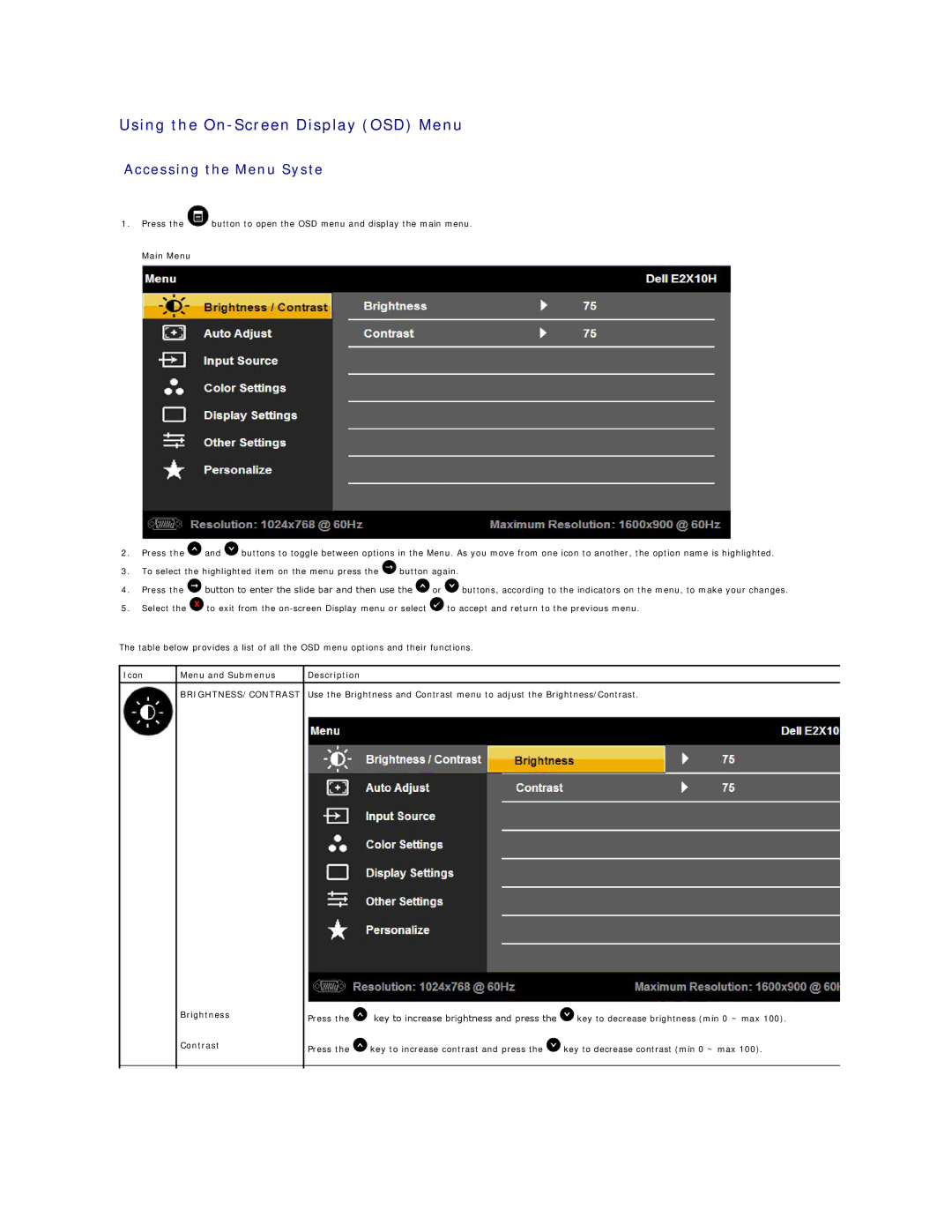 Dell E2010H appendix Using the On-Screen Display OSD Menu, Accessing the Menu Syste, Brightness/Contrast 