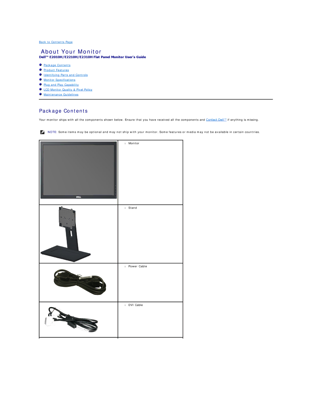 Dell E2010H appendix About Your Monitor, Package Contents 