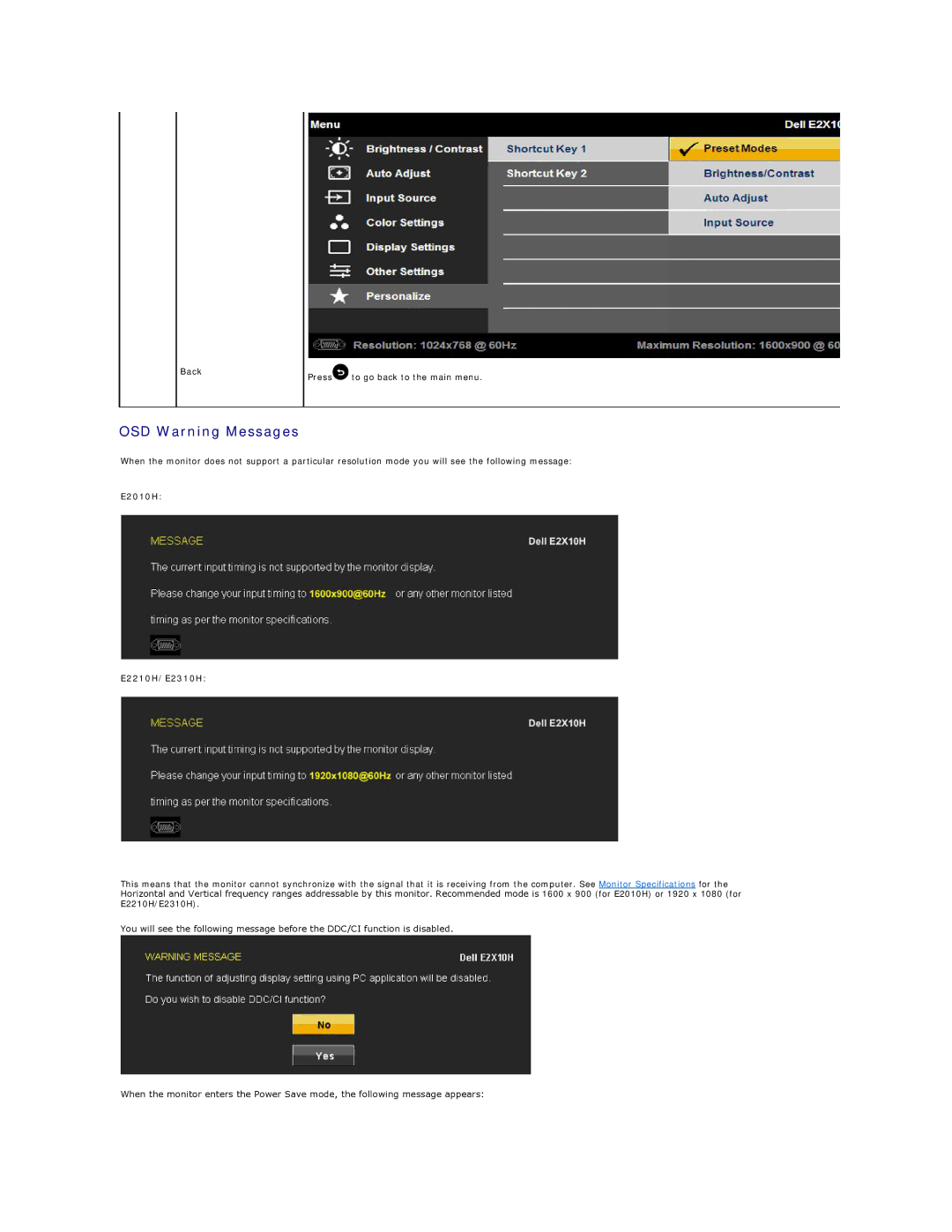 Dell appendix OSD Warning Messages, Back, E2010H E2210H/E2310H 