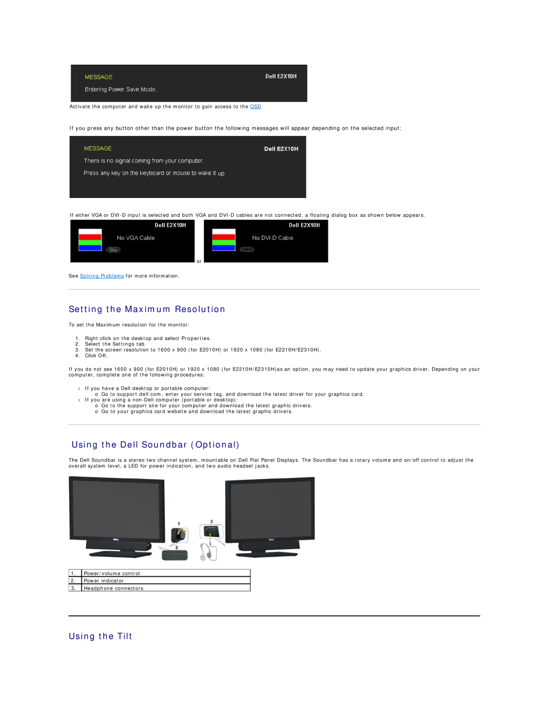 Dell E2010H appendix Setting the Maximum Resolution, Using the Dell Soundbar Optional, Using the Tilt 