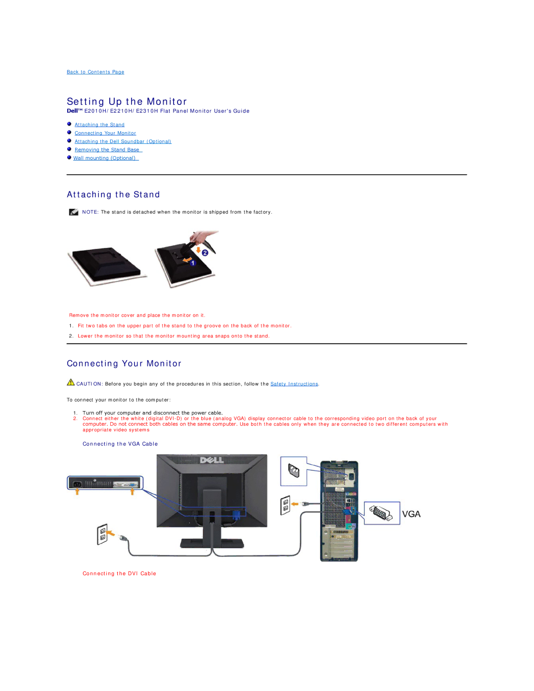 Dell E2010H appendix Setting Up the Monitor, Attaching the Stand, Connecting Your Monitor 