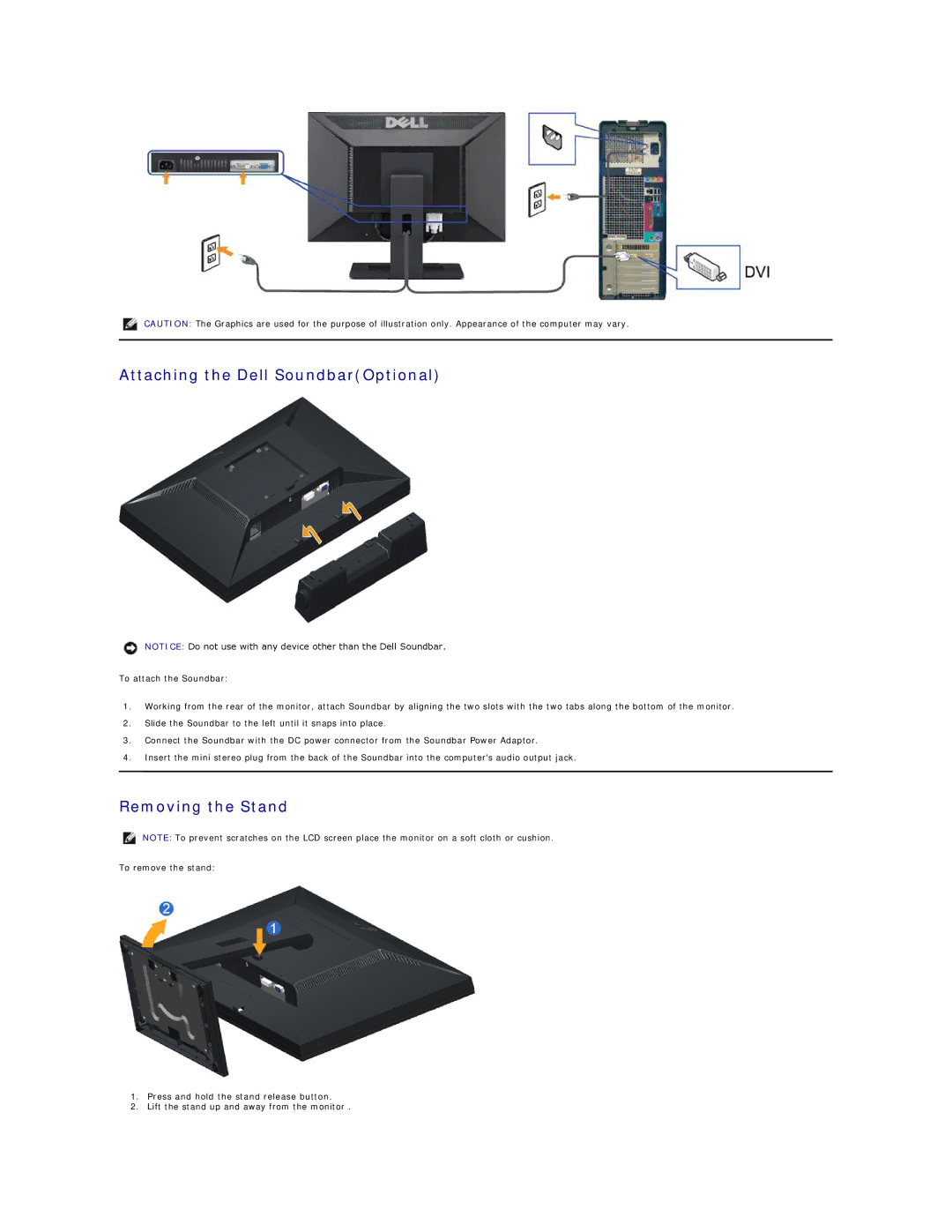 Dell E2010H appendix Attaching the Dell SoundbarOptional, Removing the Stand 