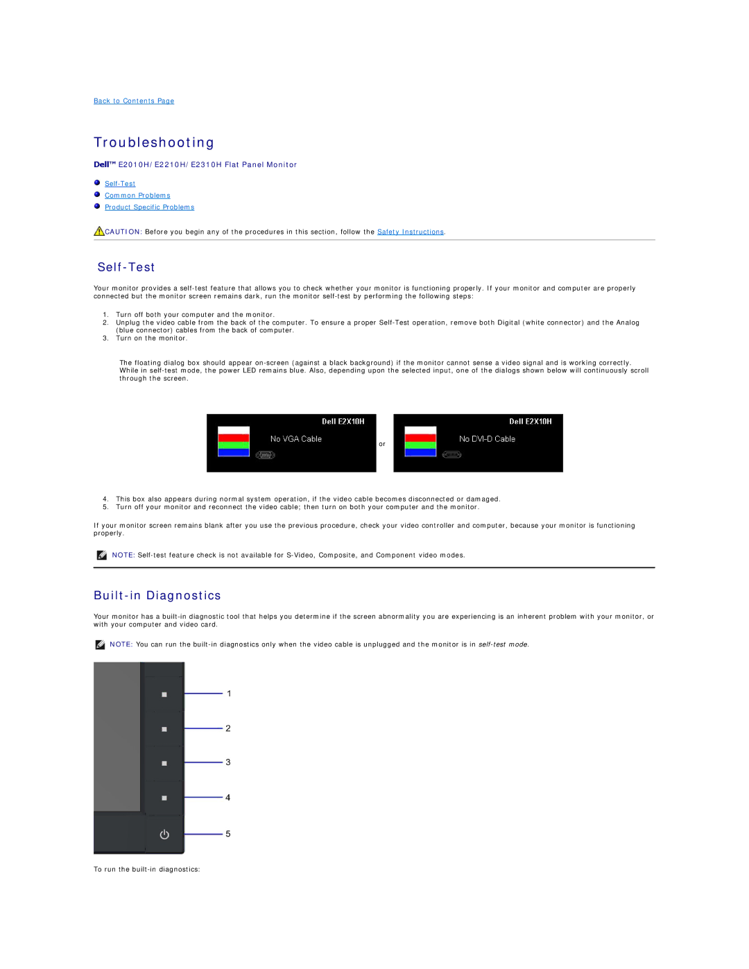 Dell E2010H appendix Troubleshooting, Self-Test, Built-in Diagnostics 