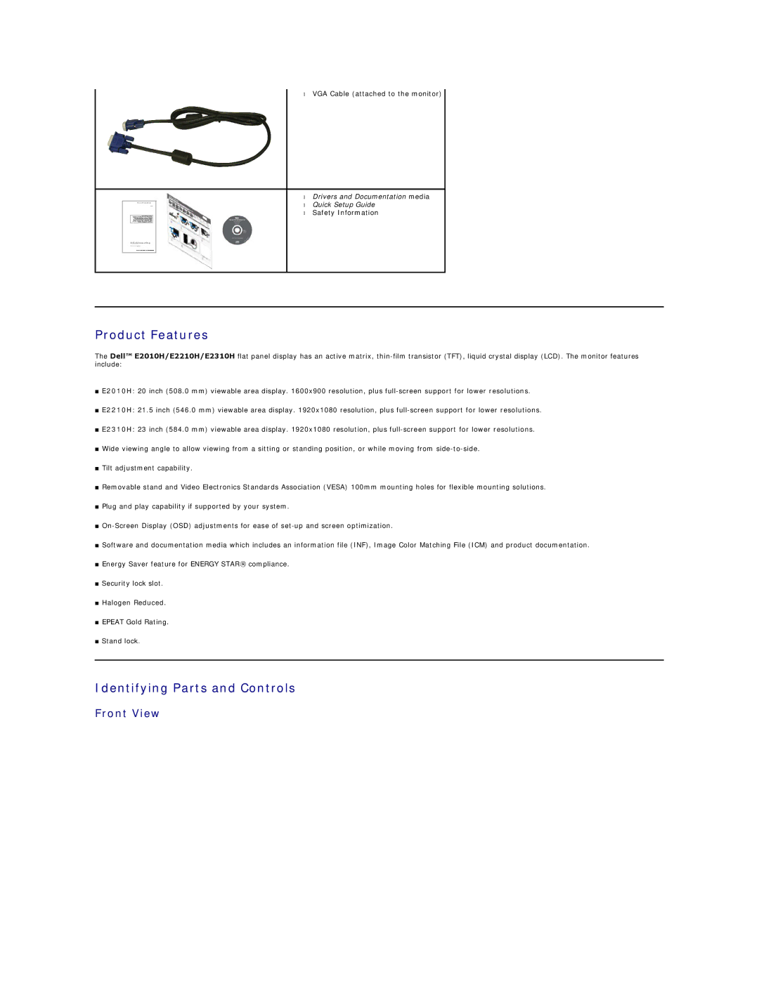 Dell E2010H appendix Product Features, Identifying Parts and Controls, Front View 