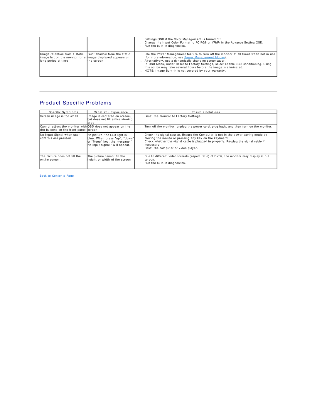 Dell E2010H appendix Product Specific Problems, Specific Symptoms What You Experience Possible Solutions 