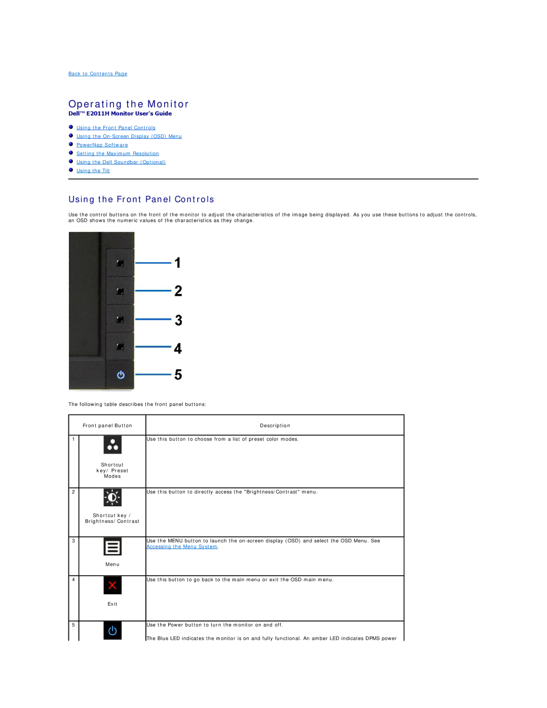 Dell E2011HC appendix Operating the Monitor, Using the Front Panel Controls, Menu, Exit 