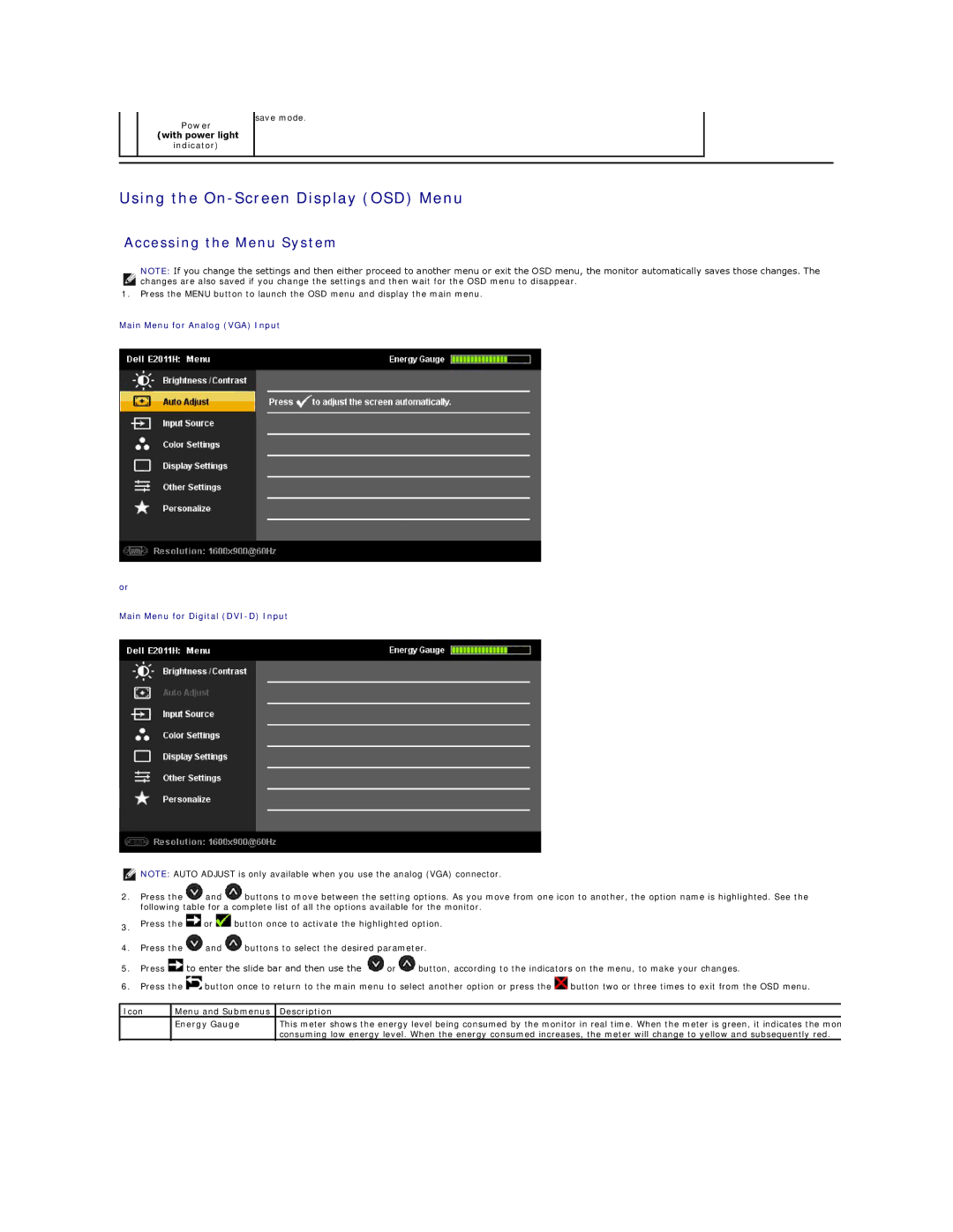 Dell E2011HC appendix Using the On-Screen Display OSD Menu, Accessing the Menu System, Power with power light Indicator 