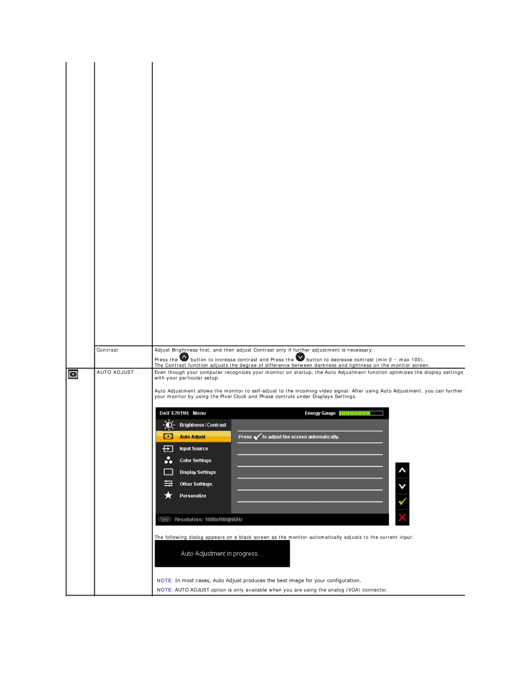 Dell E2011HC appendix Contrast, Auto Adjust 