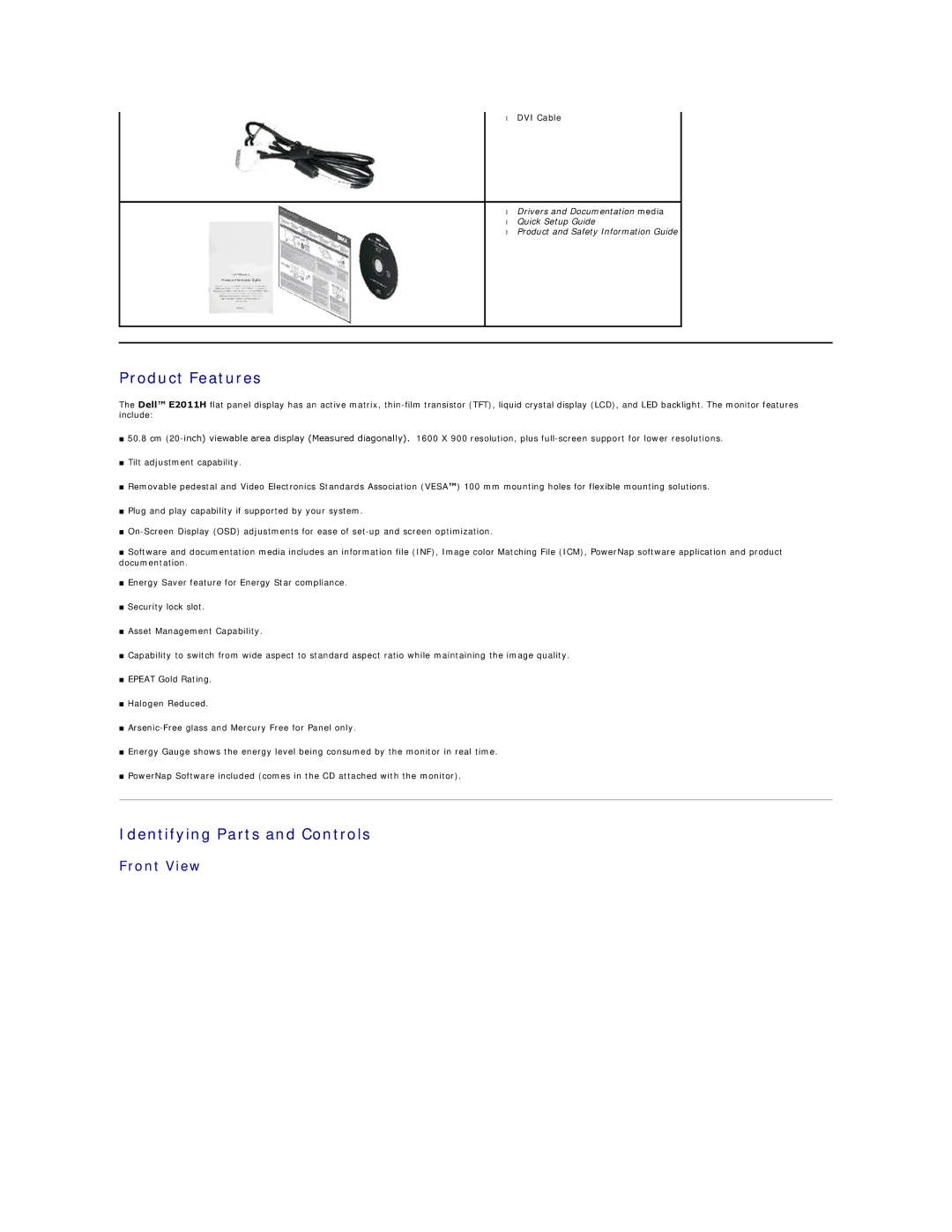 Dell E2011HC appendix Product Features, Identifying Parts and Controls, Front View 