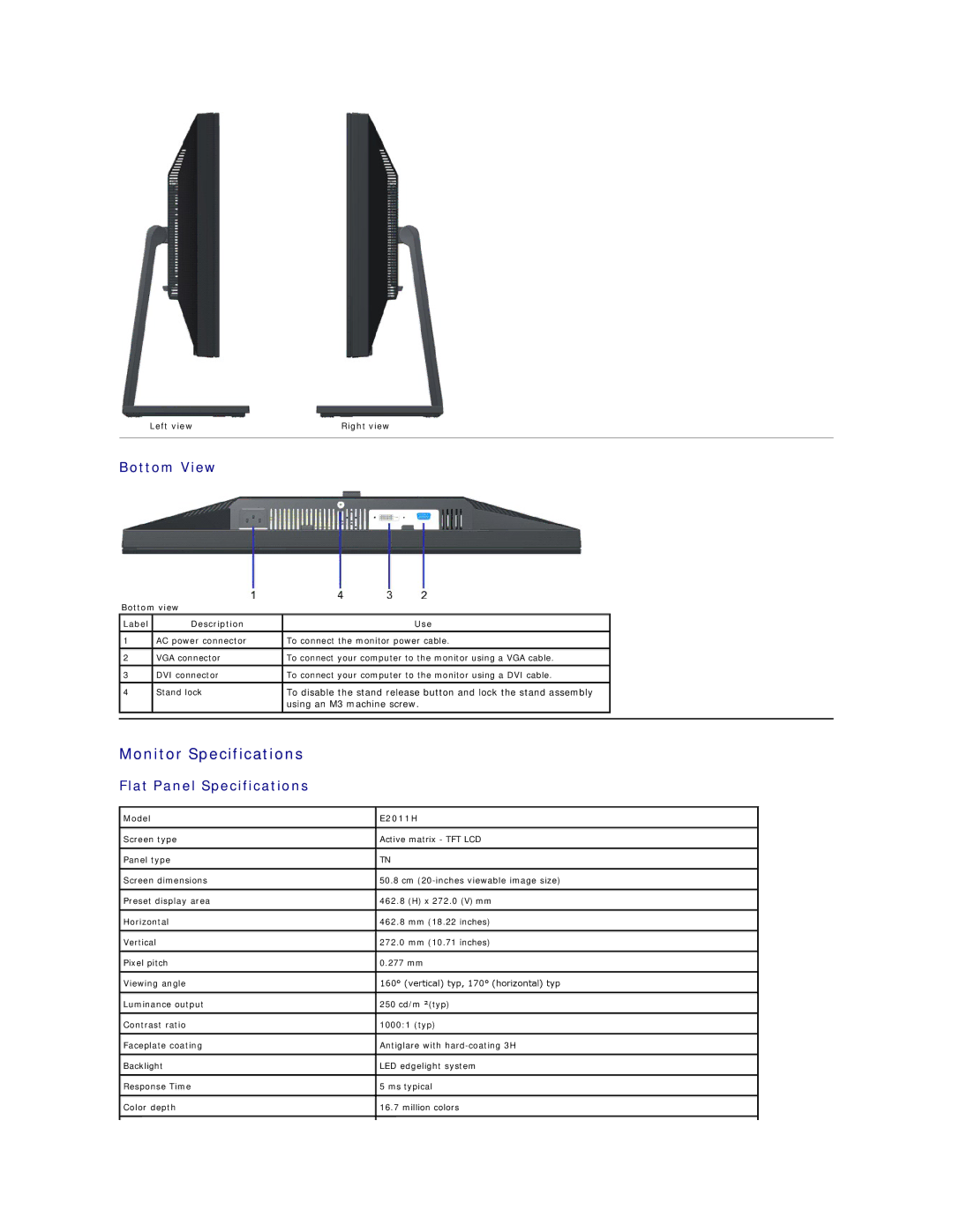 Dell E2011HC appendix Monitor Specifications, Bottom View, Flat Panel Specifications, Left view Right view, Model E2011H 