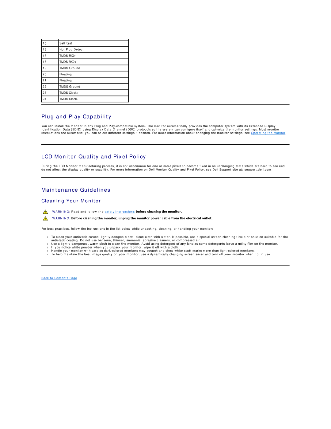 Dell E2011HC Plug and Play Capability, LCD Monitor Quality and Pixel Policy, Maintenance Guidelines, Cleaning Your Monitor 