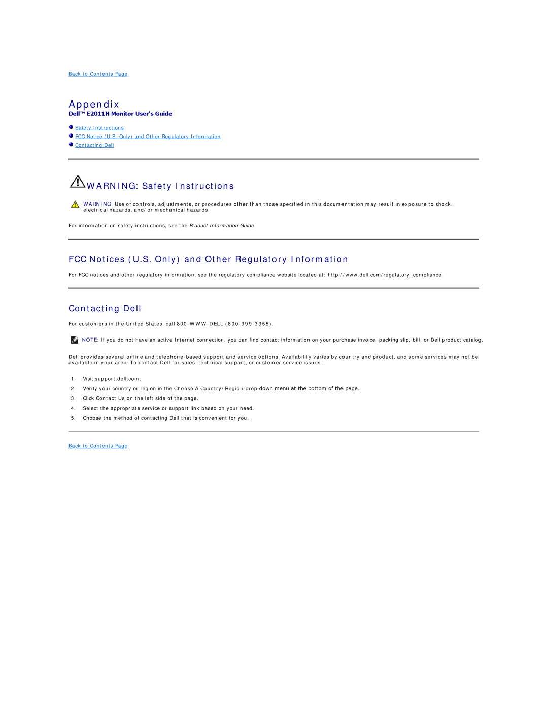 Dell E2011HC appendix Appendix, WARNING Safety Instructions, FCC Notices U.S. Only and Other Regulatory Information 