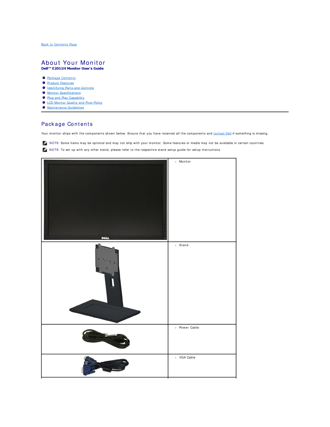 Dell E2011HC appendix About Your Monitor, Package Contents, Dell E2011H Monitor Users Guide, Back to Contents Page 