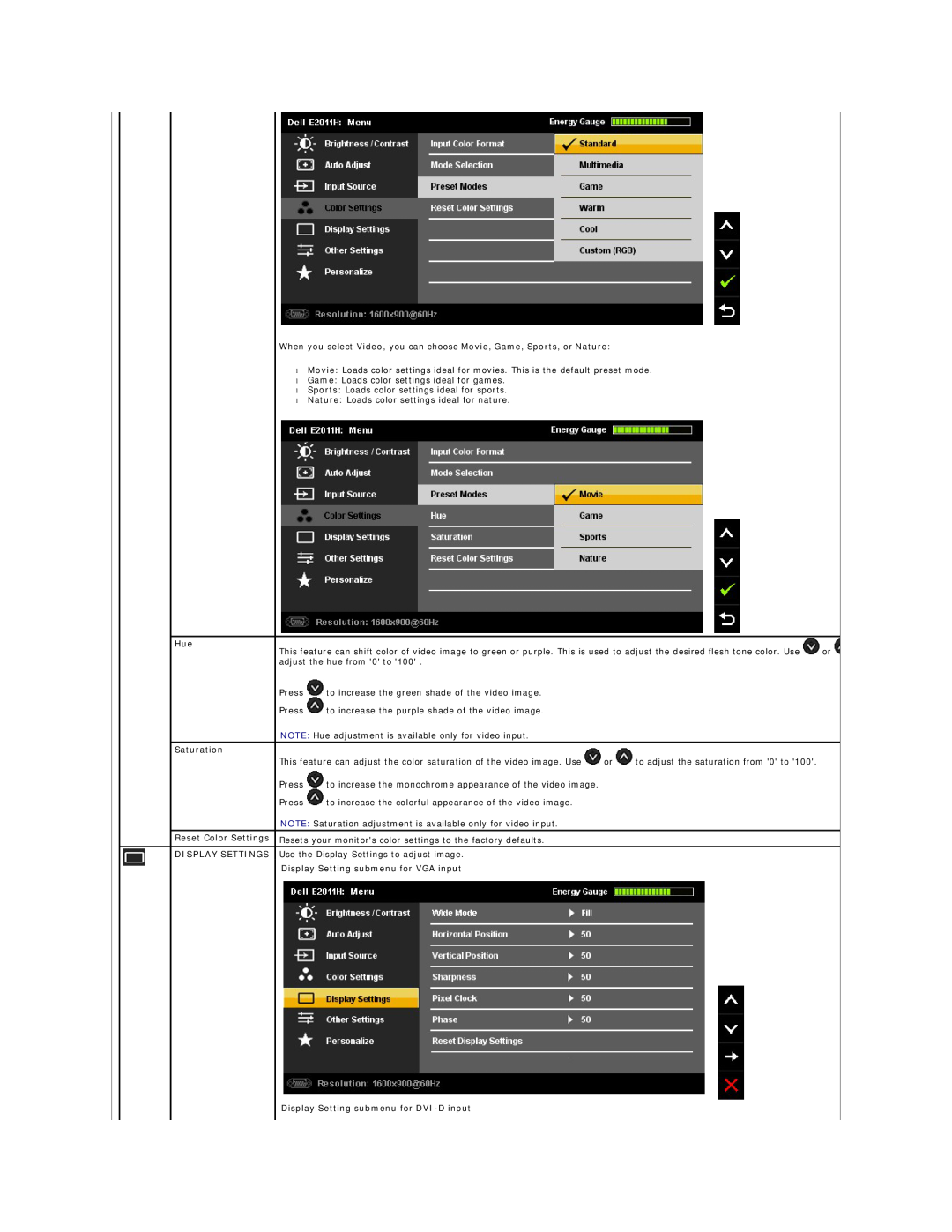 Dell E2011HC appendix Saturation, Reset Color Settings, Display Settings, Display Setting submenu for VGA input 