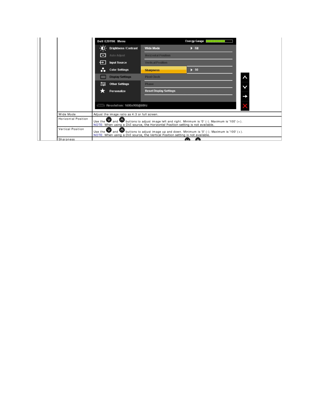 Dell E2011HC appendix Wide Mode, Horizontal Position, Vertical Position, Sharpness 