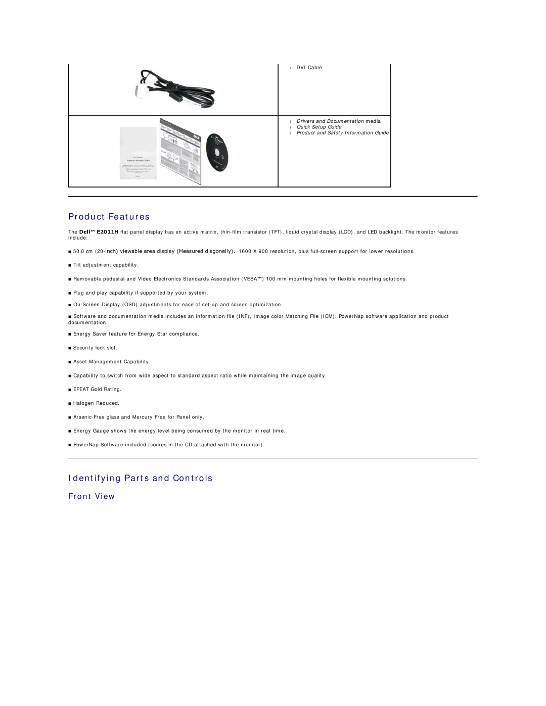 Dell E2011HC appendix Product Features, Identifying Parts and Controls, Front View, Product and Safety Information Guide 
