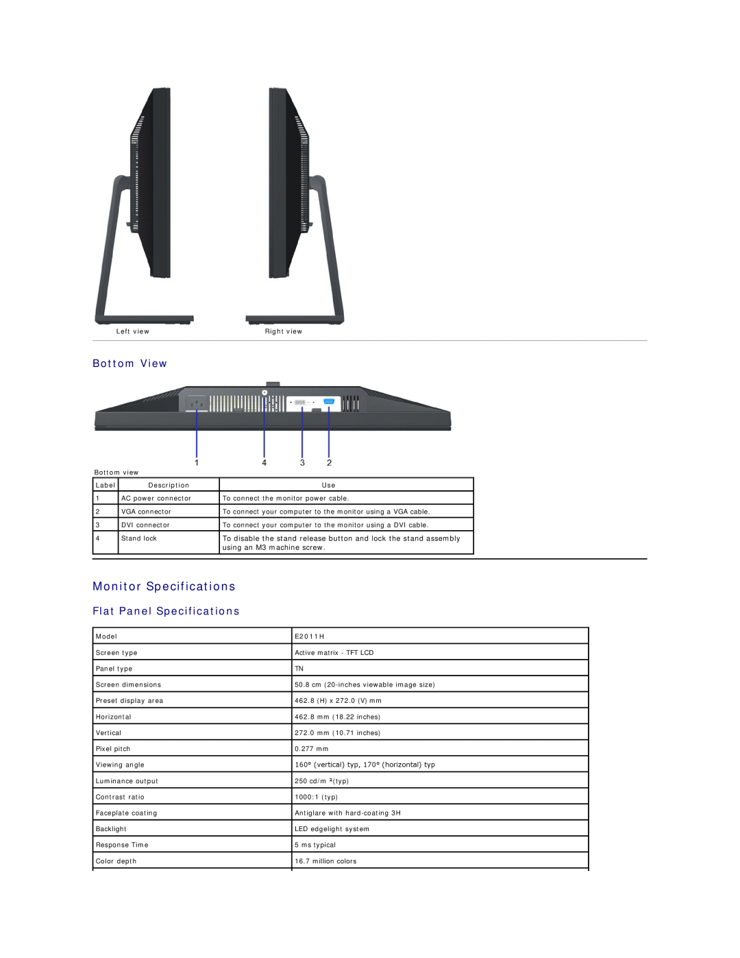 Dell E2011HC appendix Monitor Specifications, Bottom View, Flat Panel Specifications, using an M3 machine screw 