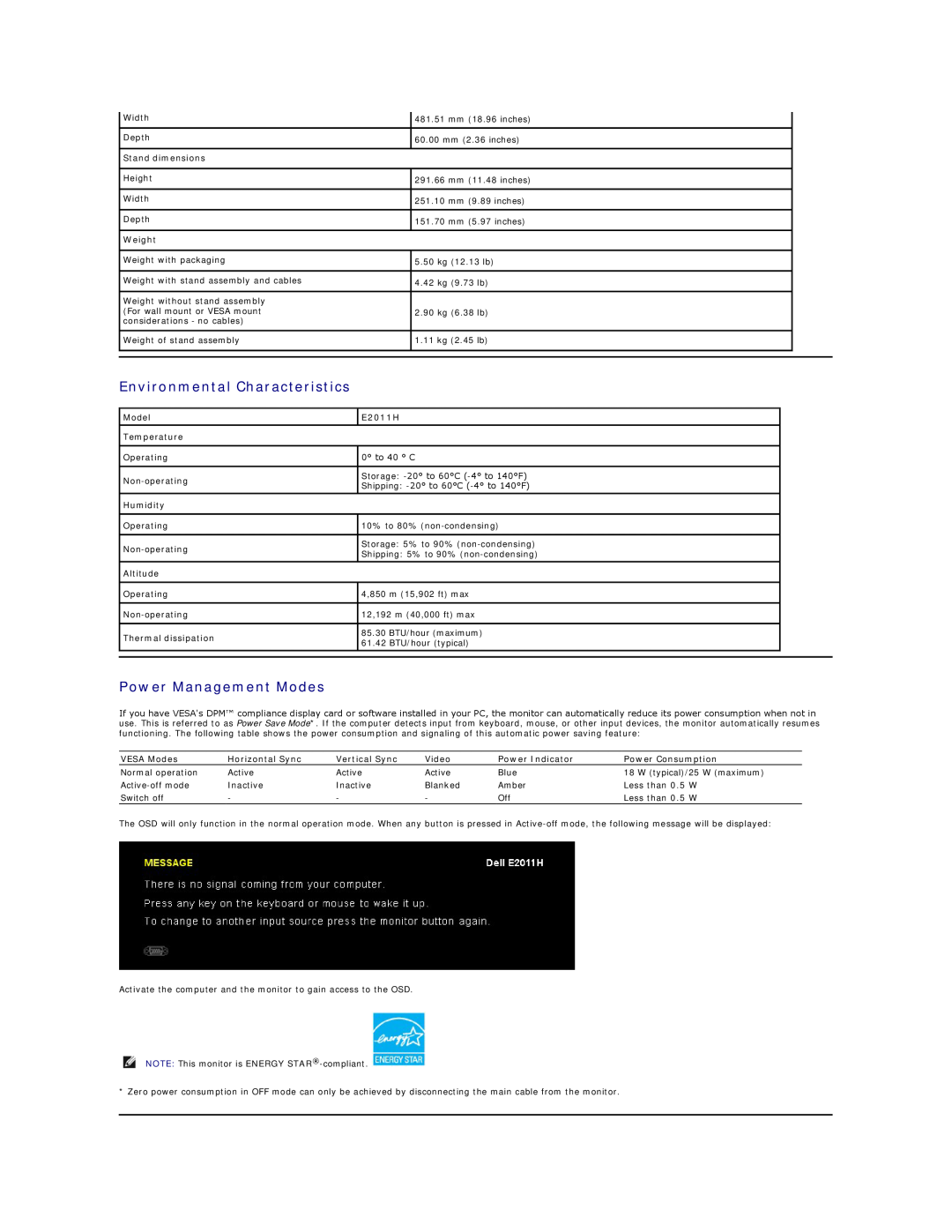 Dell E2011HC appendix Environmental Characteristics, Power Management Modes 