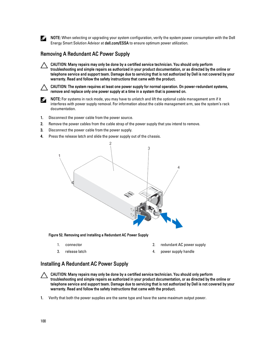 Dell E20S001 owner manual Removing a Redundant AC Power Supply, Installing a Redundant AC Power Supply 