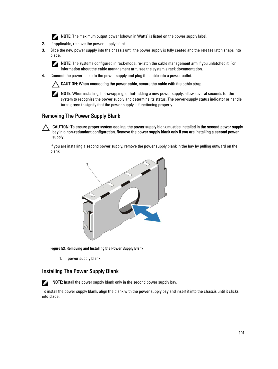 Dell E20S001 owner manual Removing The Power Supply Blank, Installing The Power Supply Blank 