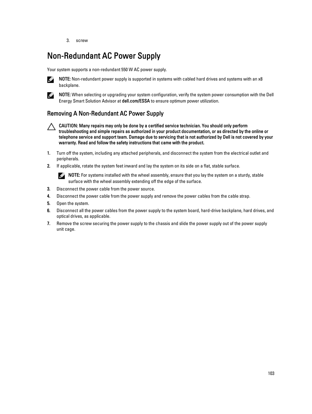 Dell E20S001 owner manual Removing a Non-Redundant AC Power Supply 