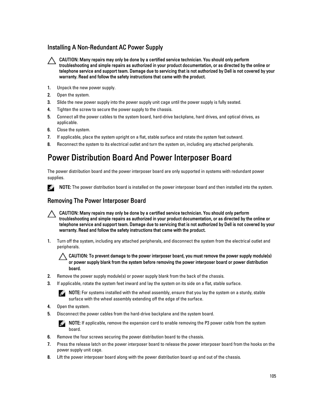 Dell E20S001 Power Distribution Board And Power Interposer Board, Installing a Non-Redundant AC Power Supply 