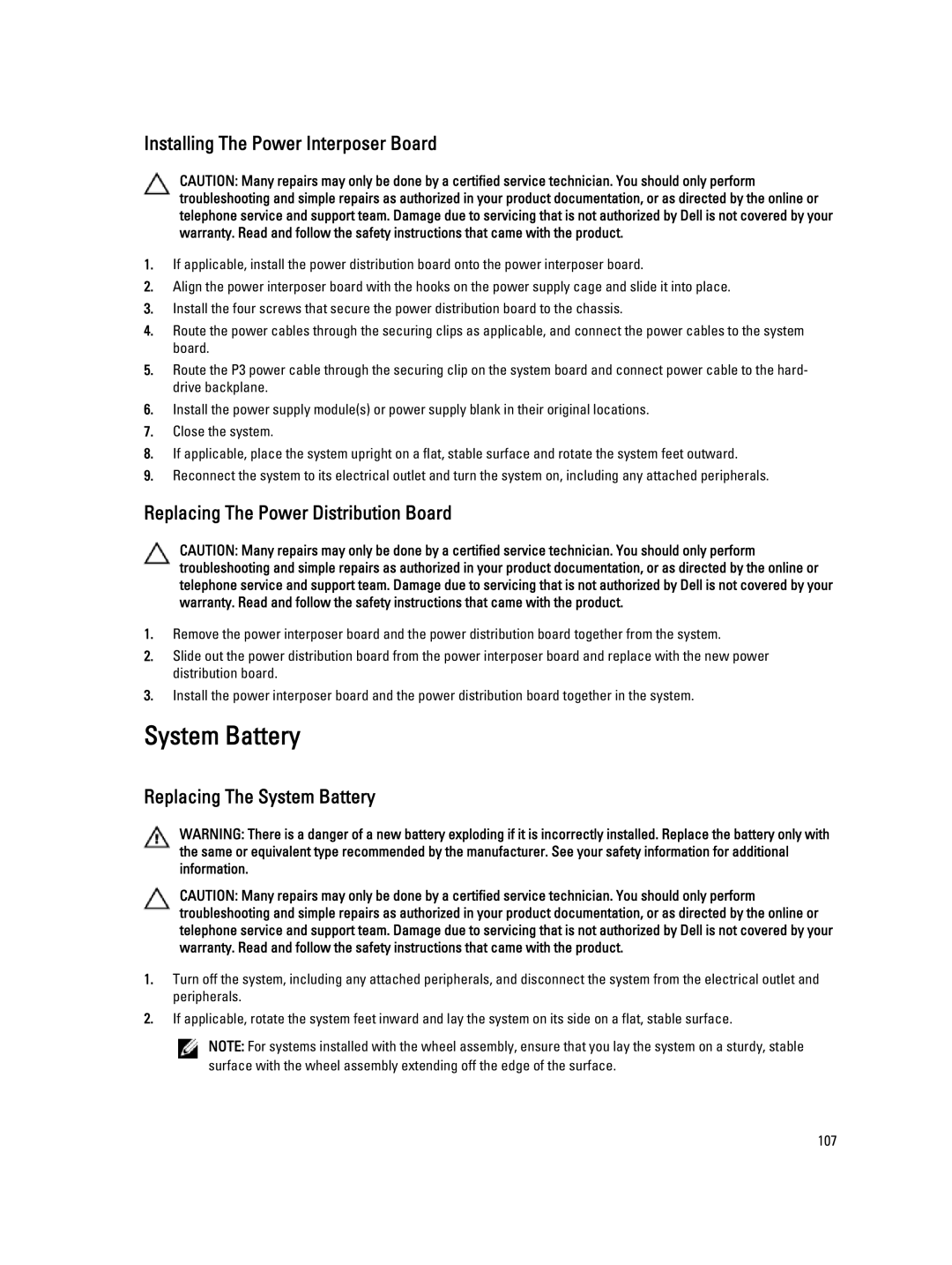 Dell E20S001 owner manual System Battery, Installing The Power Interposer Board, Replacing The Power Distribution Board 