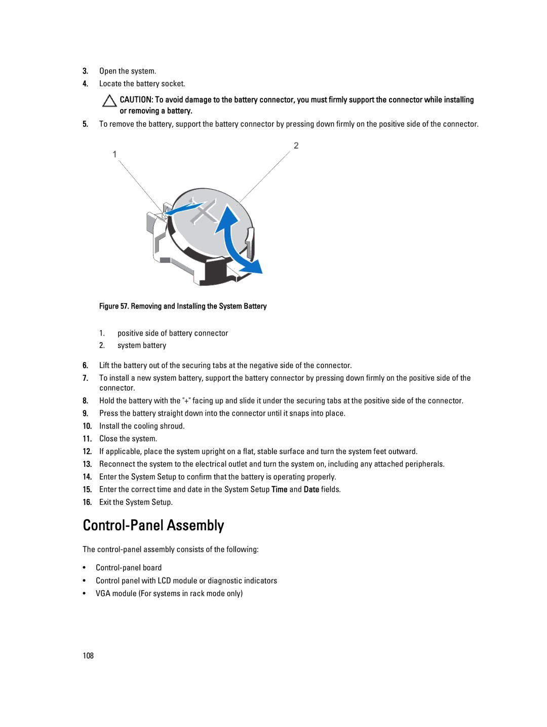 Dell E20S001 owner manual Control-Panel Assembly, Removing and Installing the System Battery 