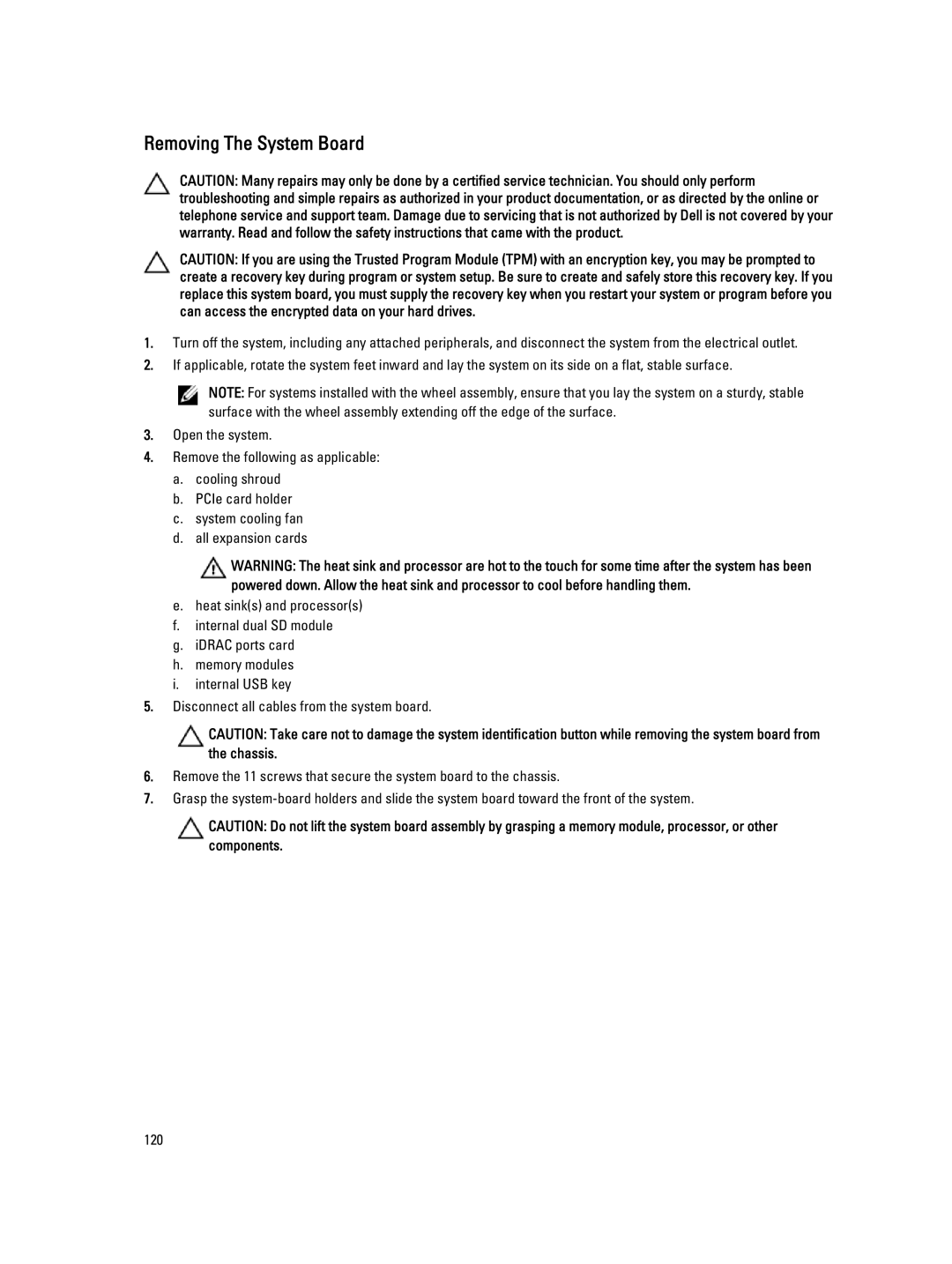 Dell E20S001 owner manual Removing The System Board 