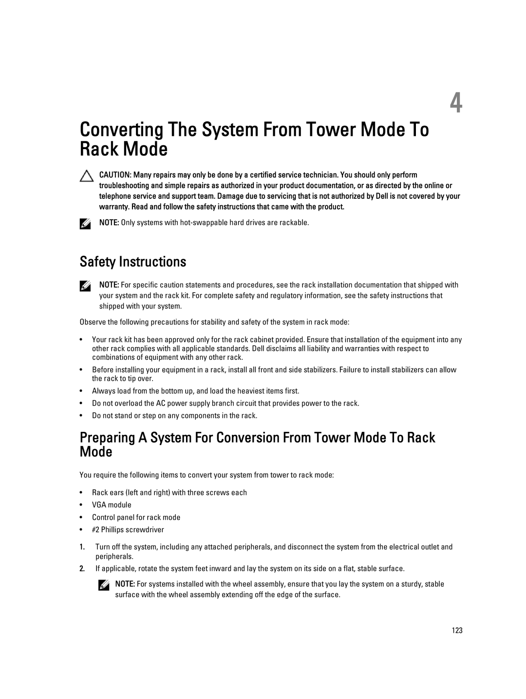 Dell E20S001 owner manual Converting The System From Tower Mode To Rack Mode, Safety Instructions 