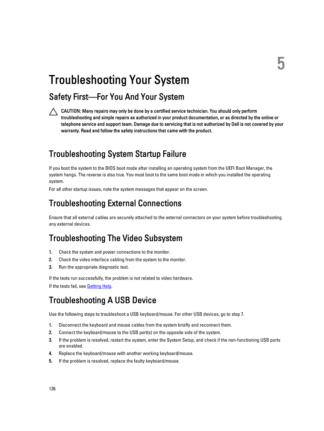 Dell E20S001 Troubleshooting External Connections, Troubleshooting The Video Subsystem, Troubleshooting a USB Device 