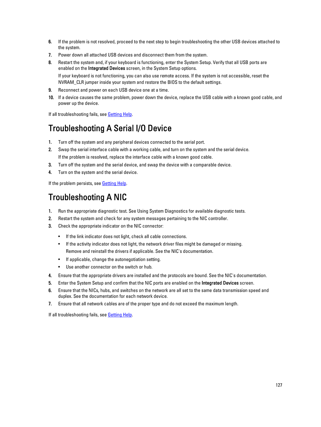 Dell E20S001 owner manual Troubleshooting a Serial I/O Device, Troubleshooting a NIC 