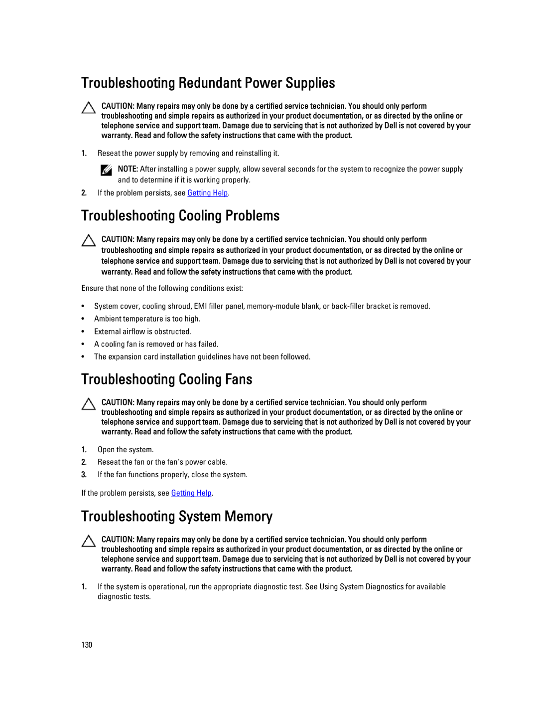 Dell E20S001 Troubleshooting Redundant Power Supplies, Troubleshooting Cooling Problems, Troubleshooting Cooling Fans 