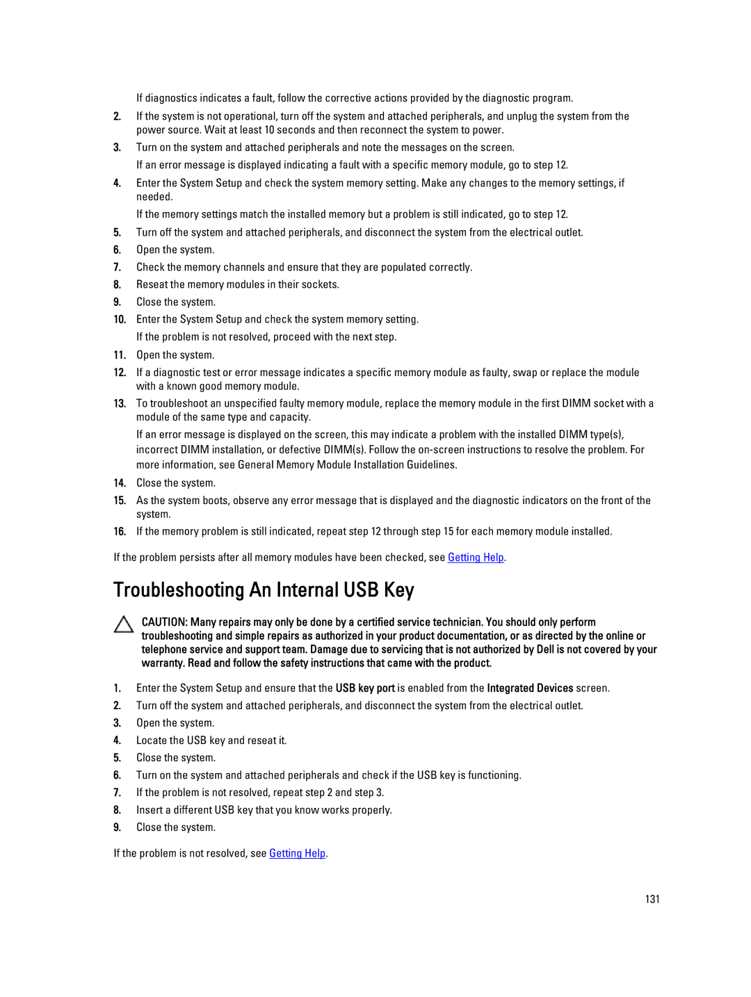 Dell E20S001 owner manual Troubleshooting An Internal USB Key 