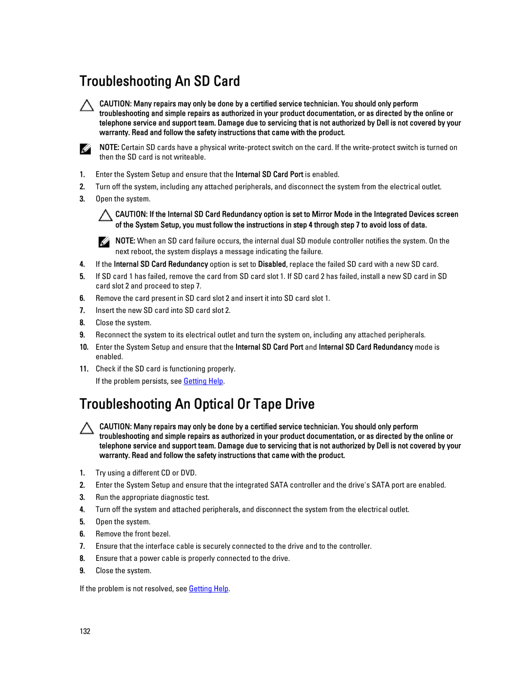 Dell E20S001 owner manual Troubleshooting An SD Card, Troubleshooting An Optical Or Tape Drive 