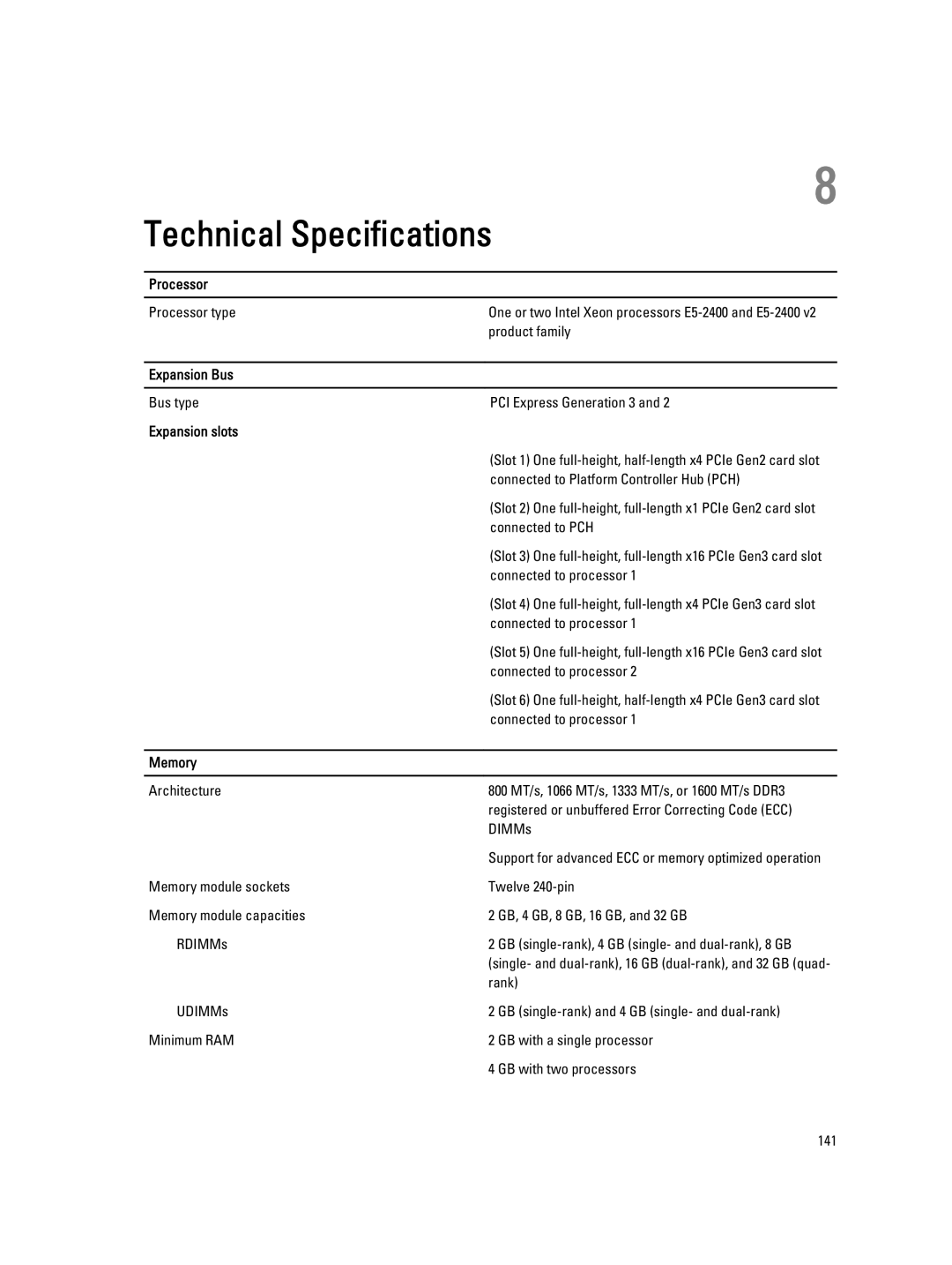 Dell E20S001 owner manual Expansion Bus, Expansion slots, Memory 