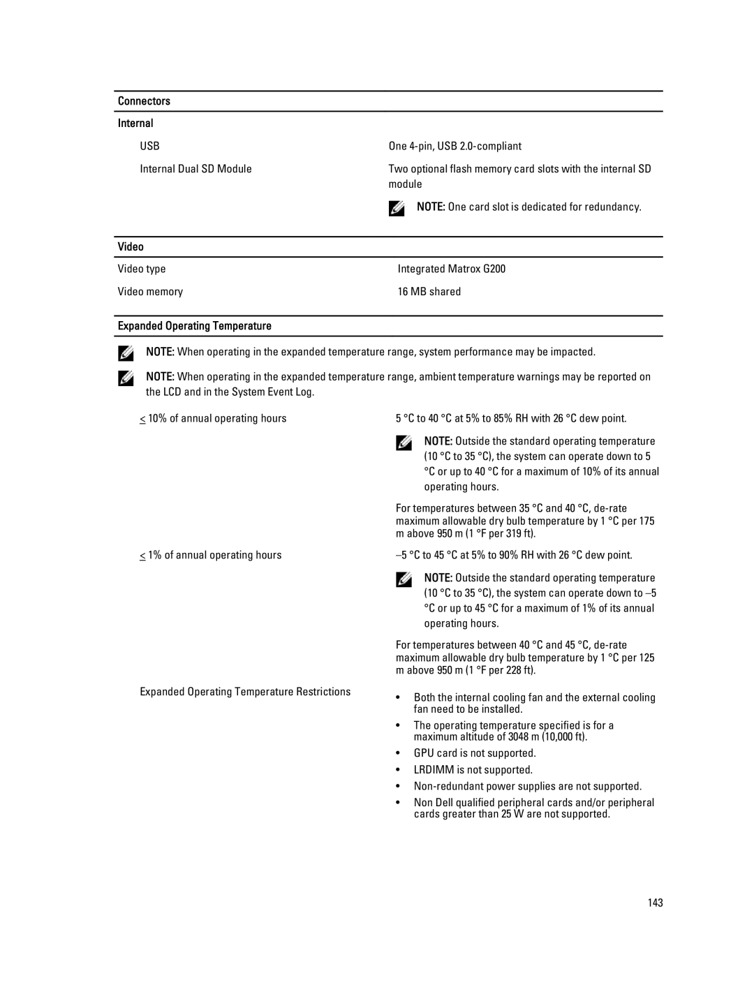 Dell E20S001 owner manual Connectors Internal, Video, Expanded Operating Temperature 