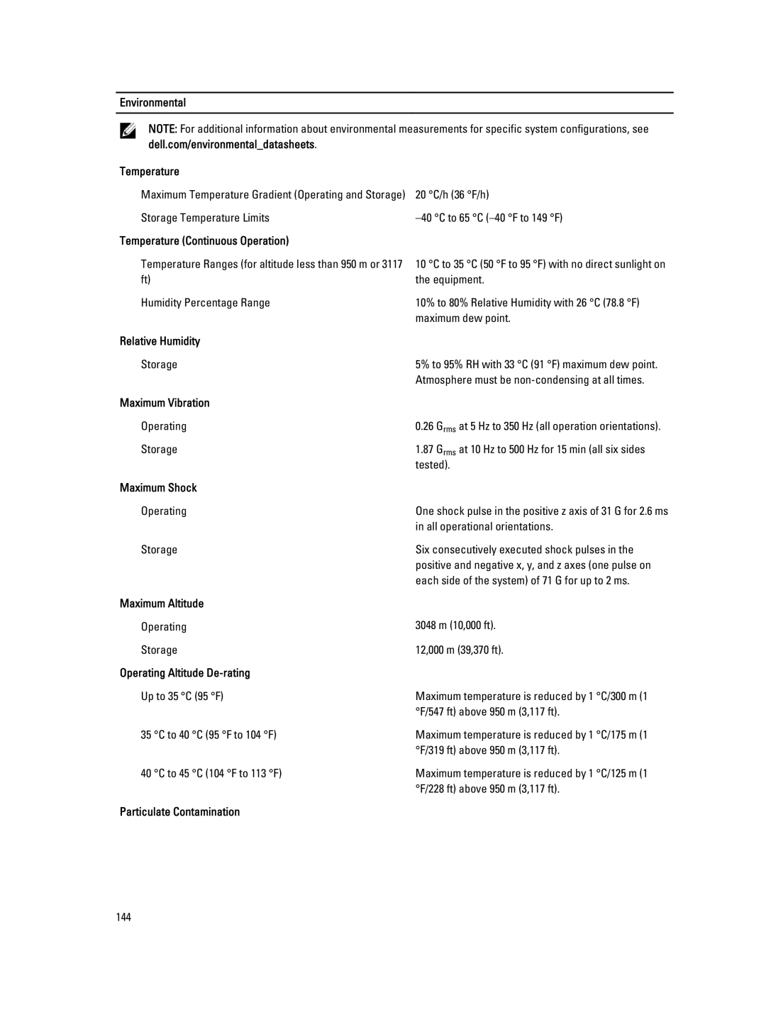 Dell E20S001 owner manual Environmental Temperature, Temperature Continuous Operation, Relative Humidity, Maximum Vibration 