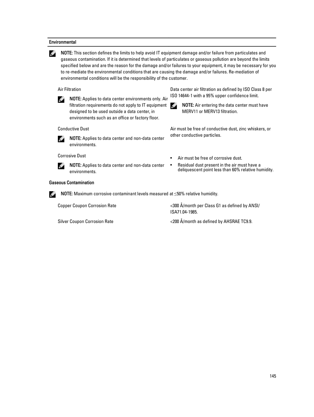 Dell E20S001 owner manual Environmental, Gaseous Contamination 