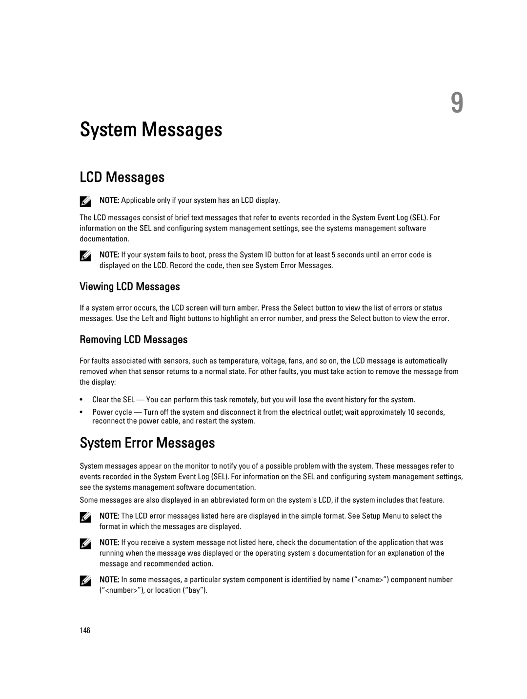 Dell E20S001 owner manual System Error Messages, Viewing LCD Messages, Removing LCD Messages 