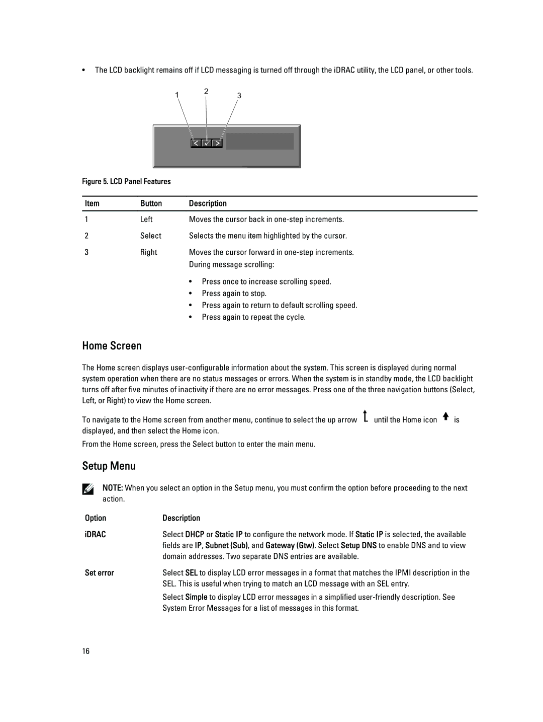 Dell E20S001 owner manual Home Screen, Setup Menu, Button Description, Option Description IDRAC, Set error 