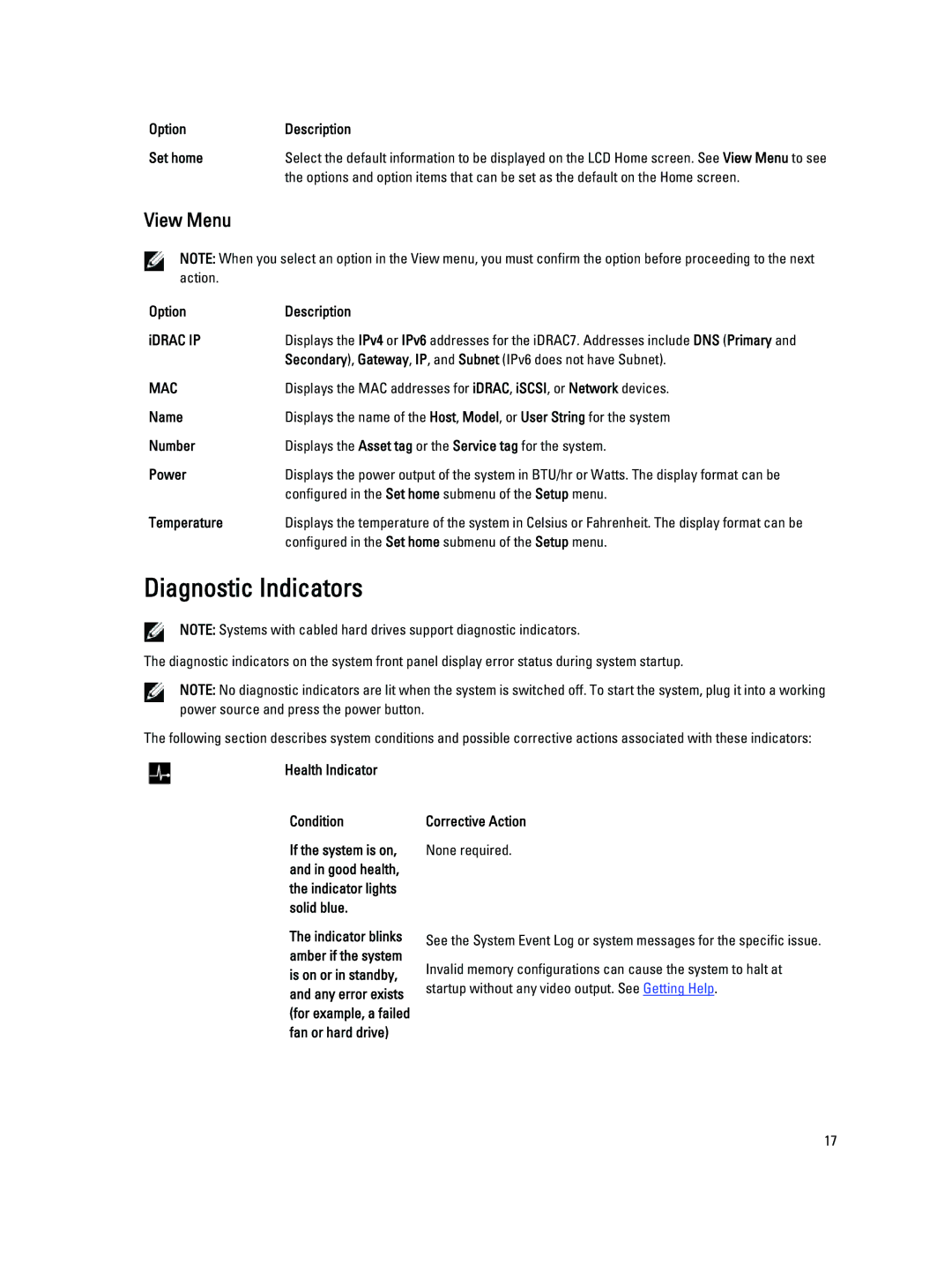 Dell E20S001 owner manual Diagnostic Indicators, View Menu 