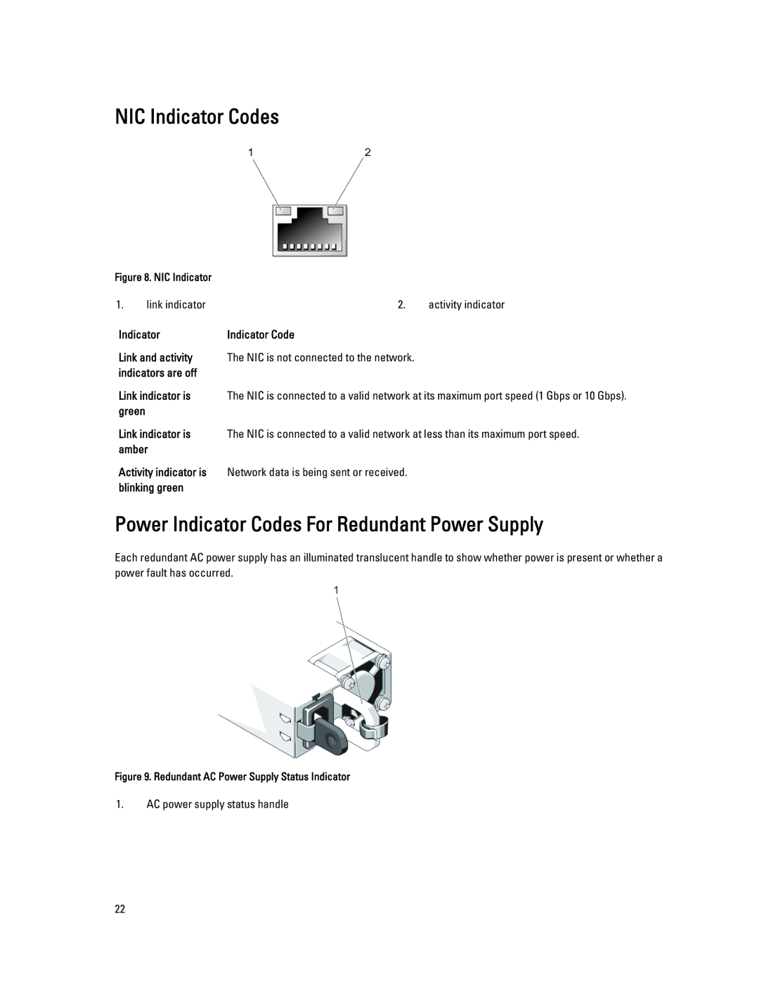 Dell E20S001 NIC Indicator Codes, Power Indicator Codes For Redundant Power Supply, Indicators are off Link indicator is 