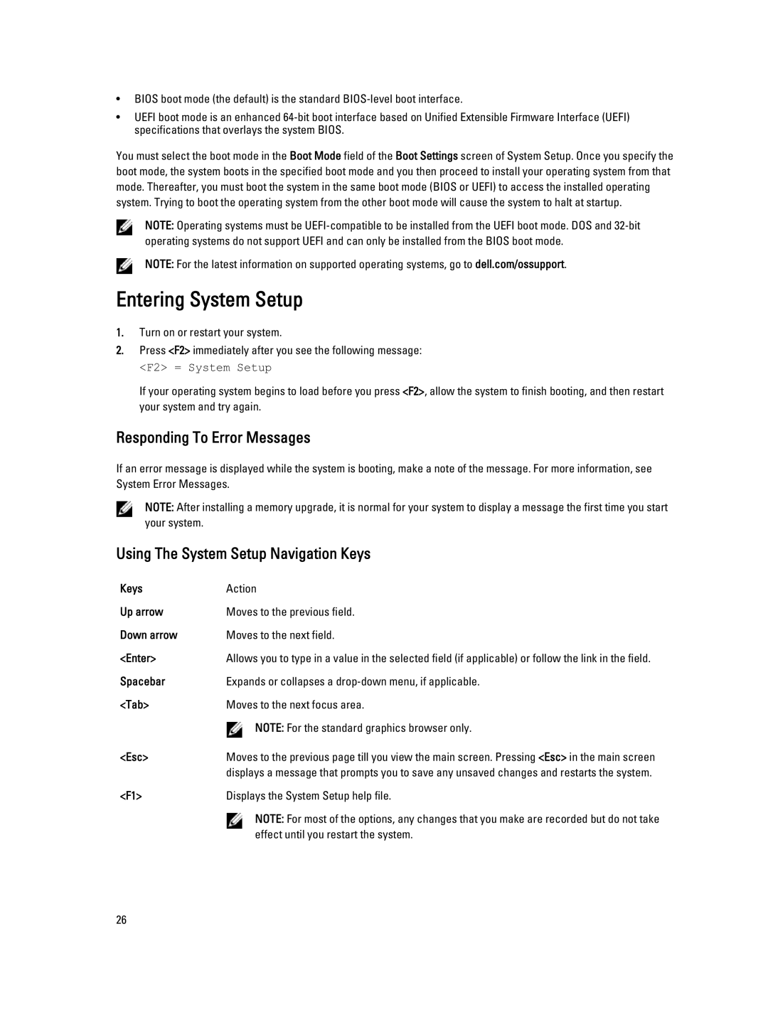 Dell E20S001 owner manual Entering System Setup, Responding To Error Messages, Using The System Setup Navigation Keys 