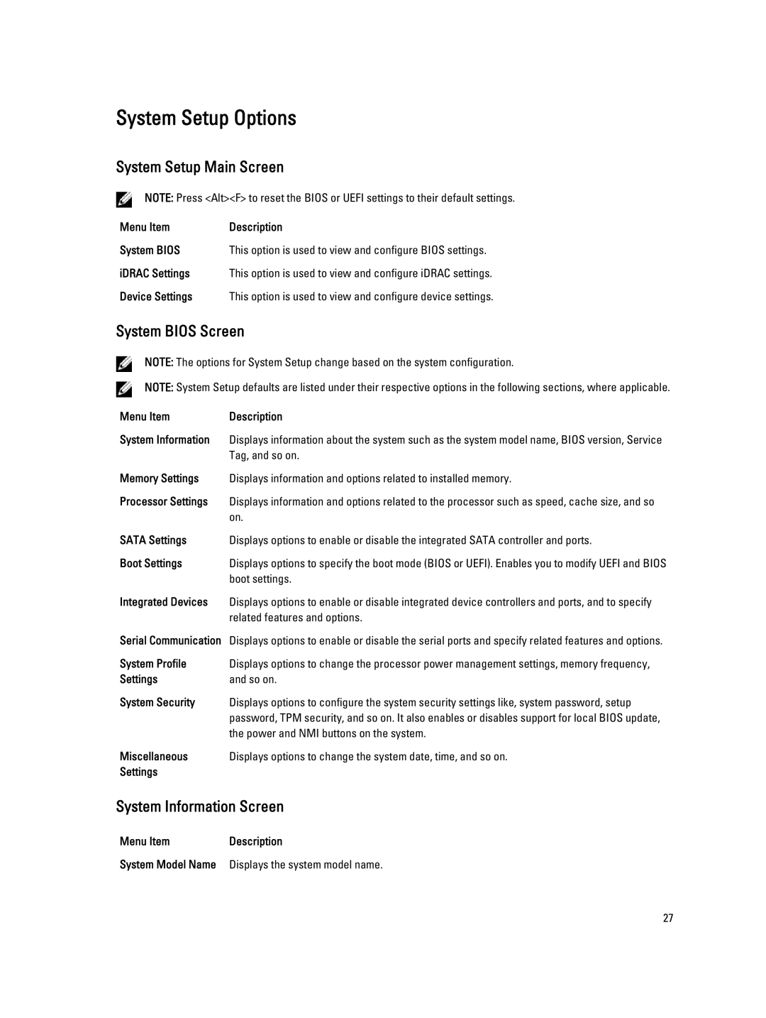 Dell E20S001 owner manual System Setup Options, System Setup Main Screen, System Bios Screen, System Information Screen 